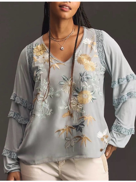 Anthropologie Tops - Anthropologie Tiny Frances Long Sleeve Ruffle Blue Floral Embroidered Top
